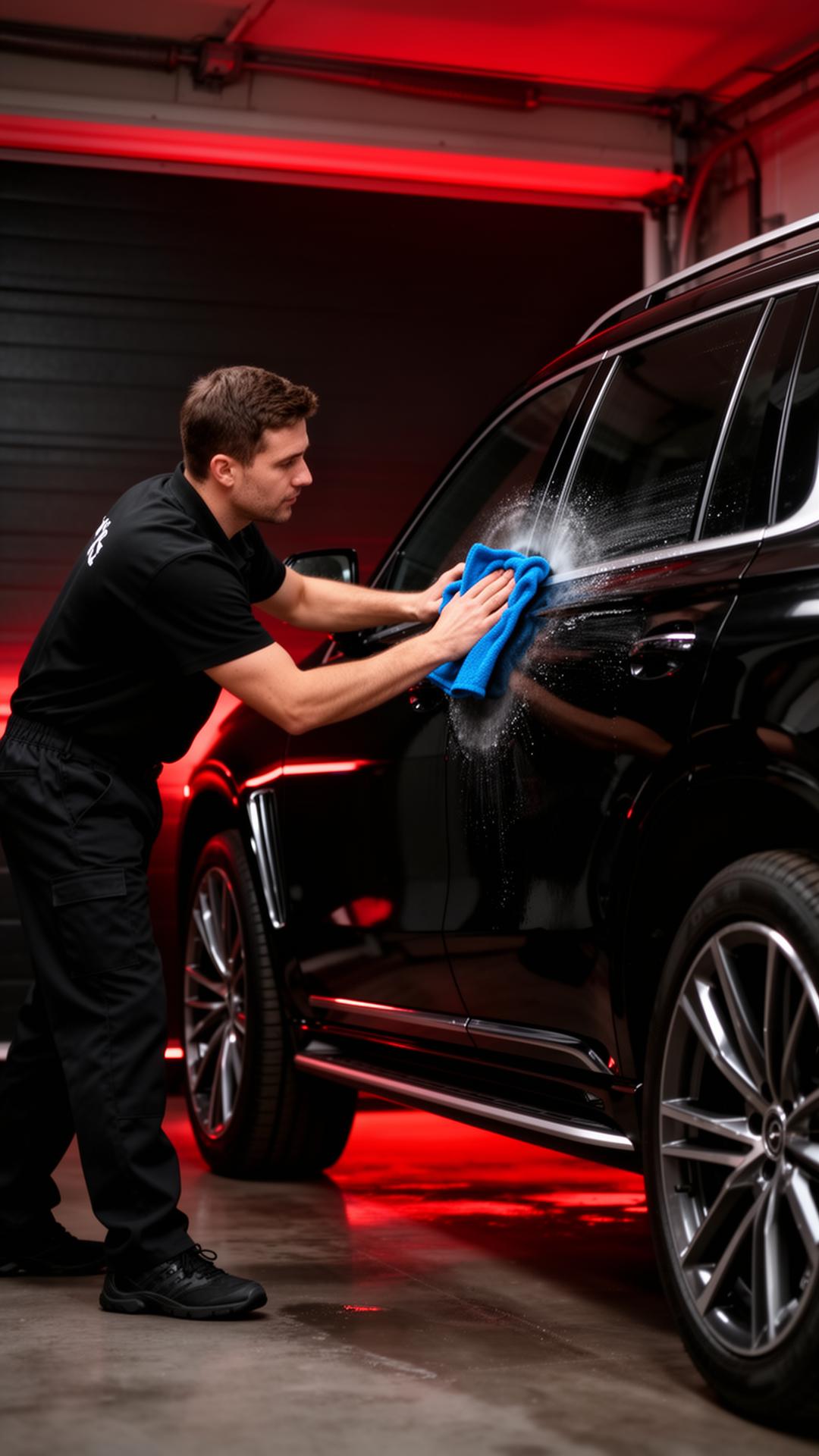 Detailer hand-polishing a luxury black SUV